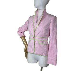 Pink Seersucker Blazer Lime Green Trim Striped Preppy Jacket Women